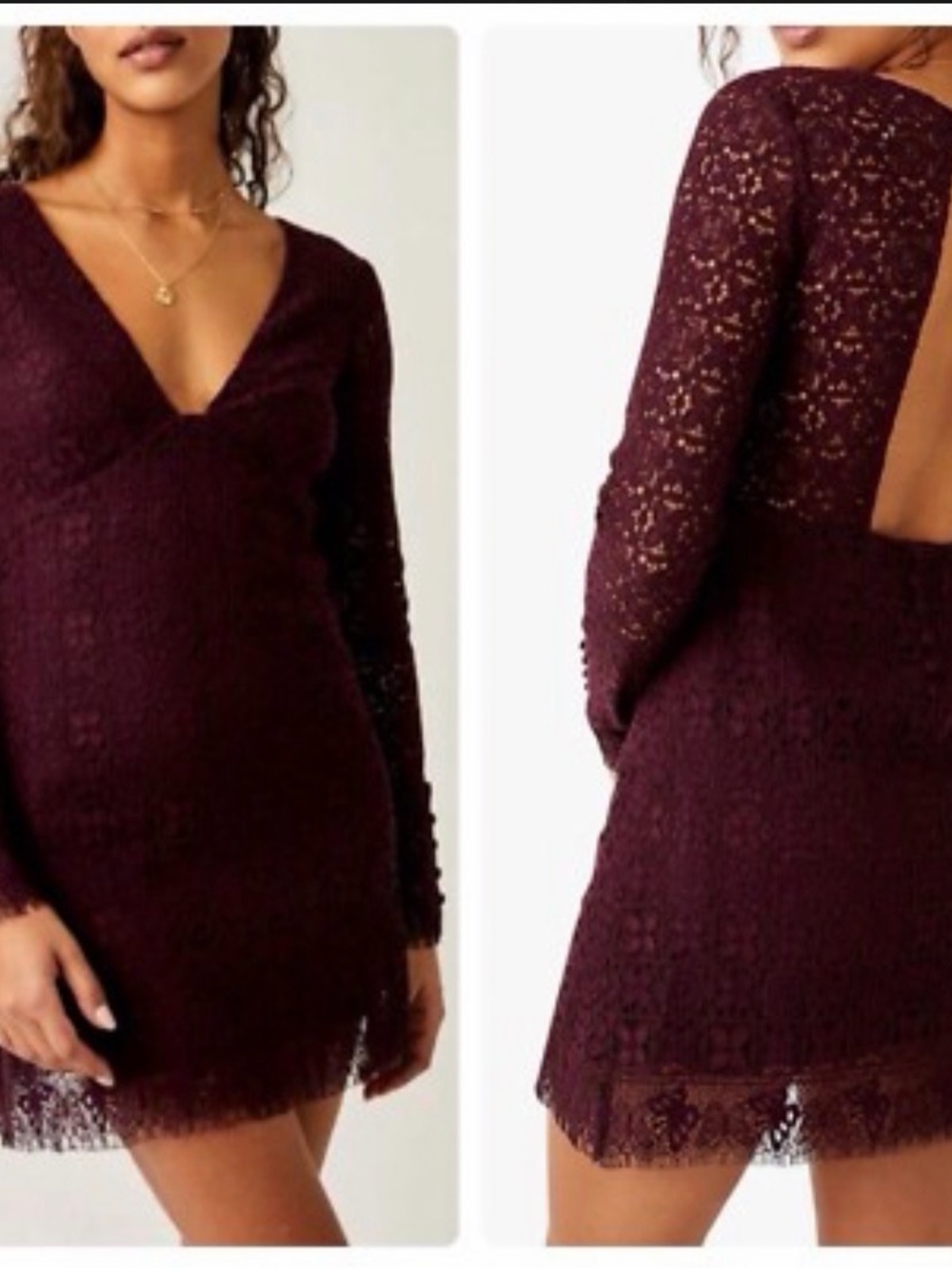 FREE PEOPLE Lace Long-Sleeve V-Neck Mini Dress in Burgundy